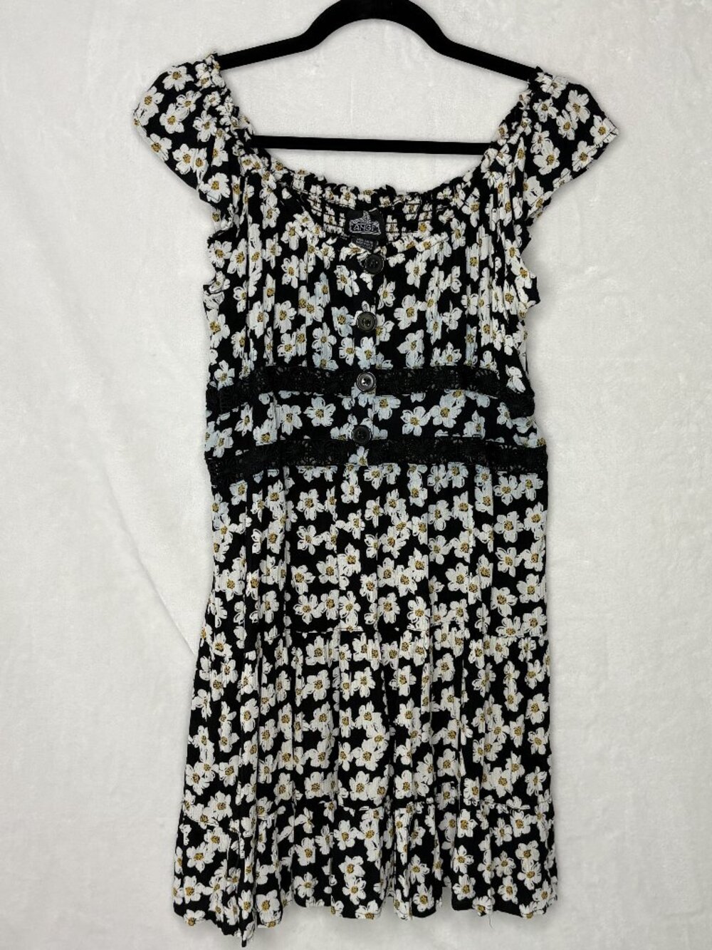 Angie Daisy Dress Midi Button Front Peasant Prairie Cottagecore Floral Black - L